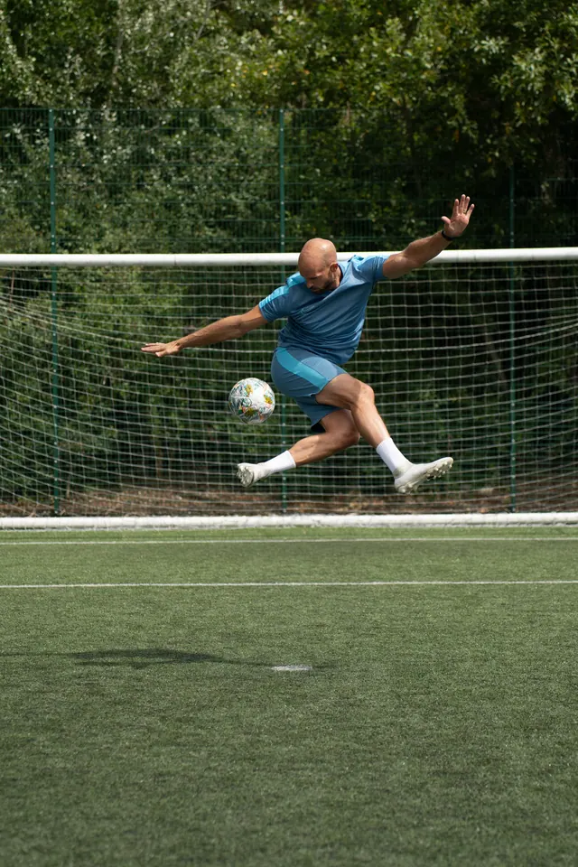 Daniel in a goal, ball on his foot